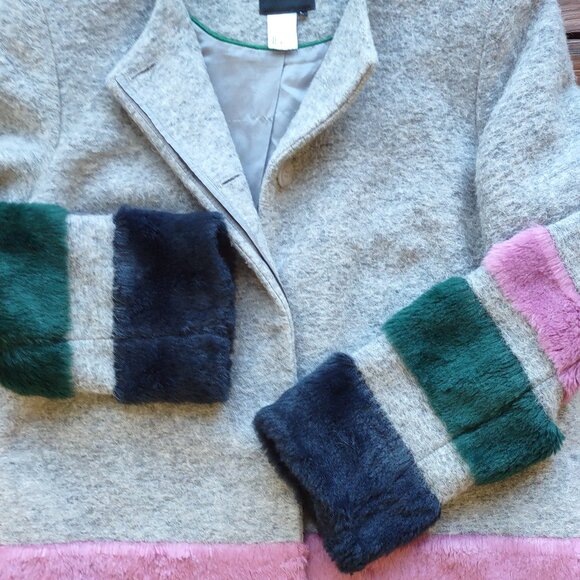 Helene London Wool Colorblock Stripe Coat Lined Boho Faux Fur Size Large  EUC - Picture 7 of 8